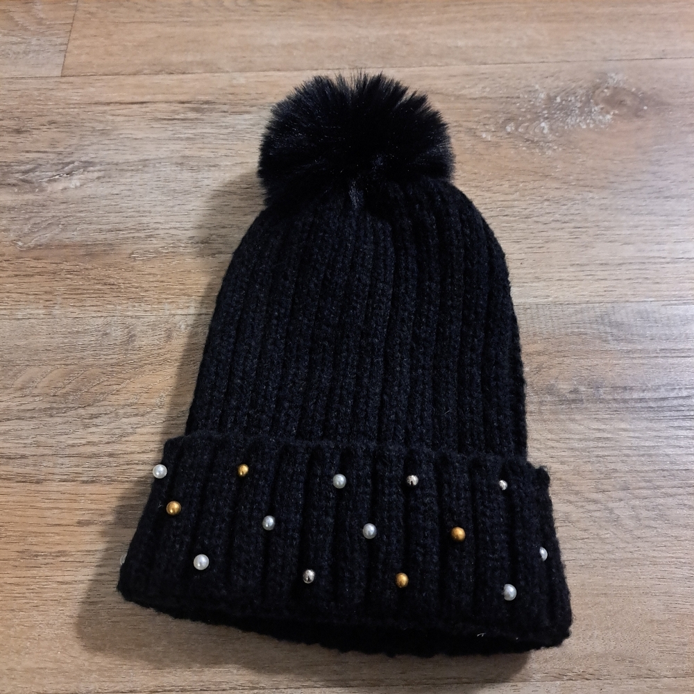 Marcus Adler Black Knit Beanie with Pom Pom & Multicolored Beads